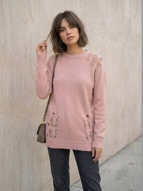 DVNT CLOTHING Distressed Knit Sweater Shredded Streetwear Pink Medium
